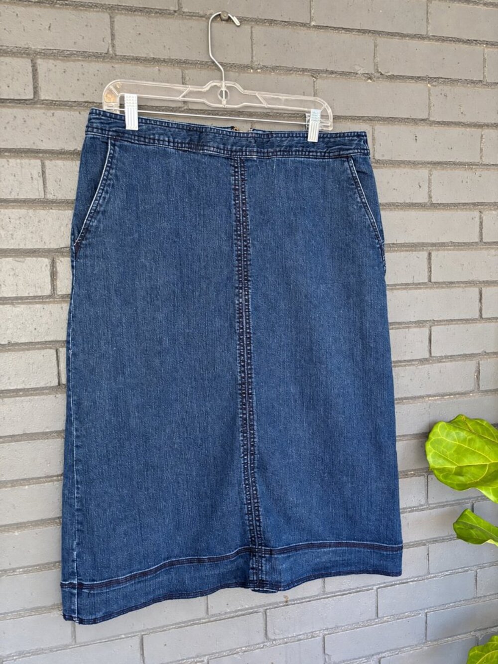 Laura Scott Denim Midi Skirt 12 Blue A-Line Stretch Pockets Classic Modest